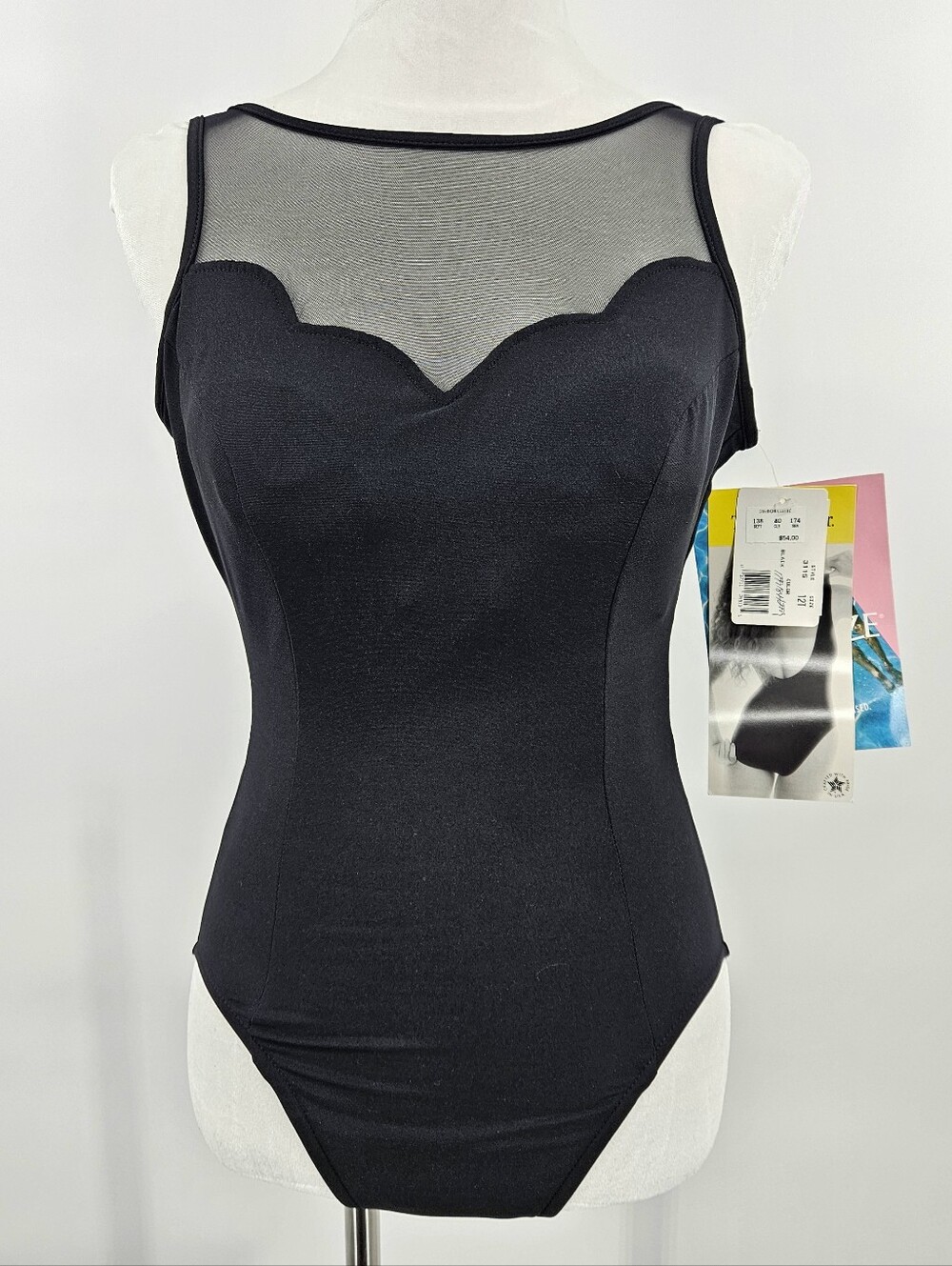 NWT Vintage 90s Longitude Black Mesh Illusion Neckline Swimsuit One Piece M Long